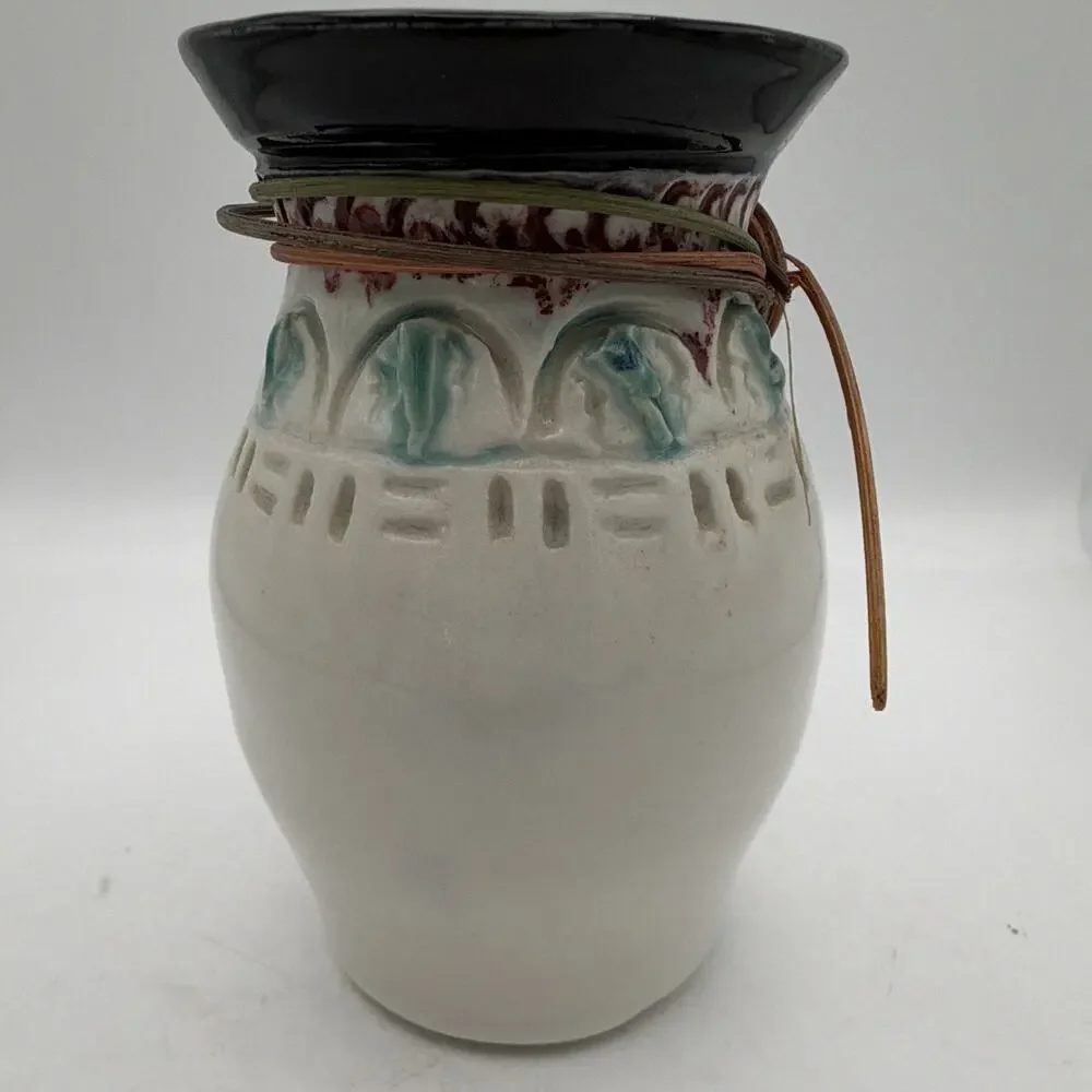 ceramic decorative vase white black blue brown accents textured glossy finish